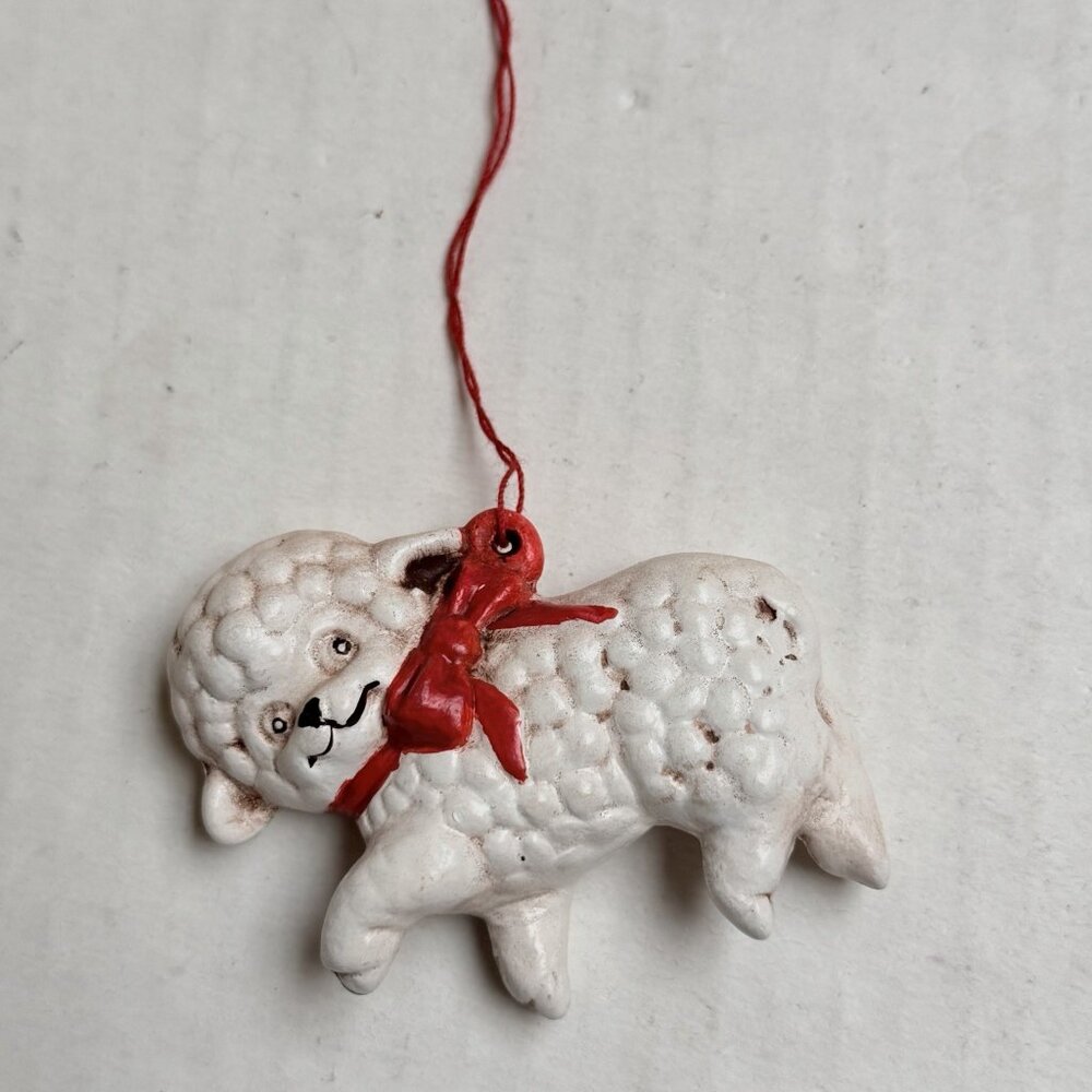 Vintage Sheep Lamb Ceramic Ornament Rustic Farm Artsy Holiday Red Bow Gift
